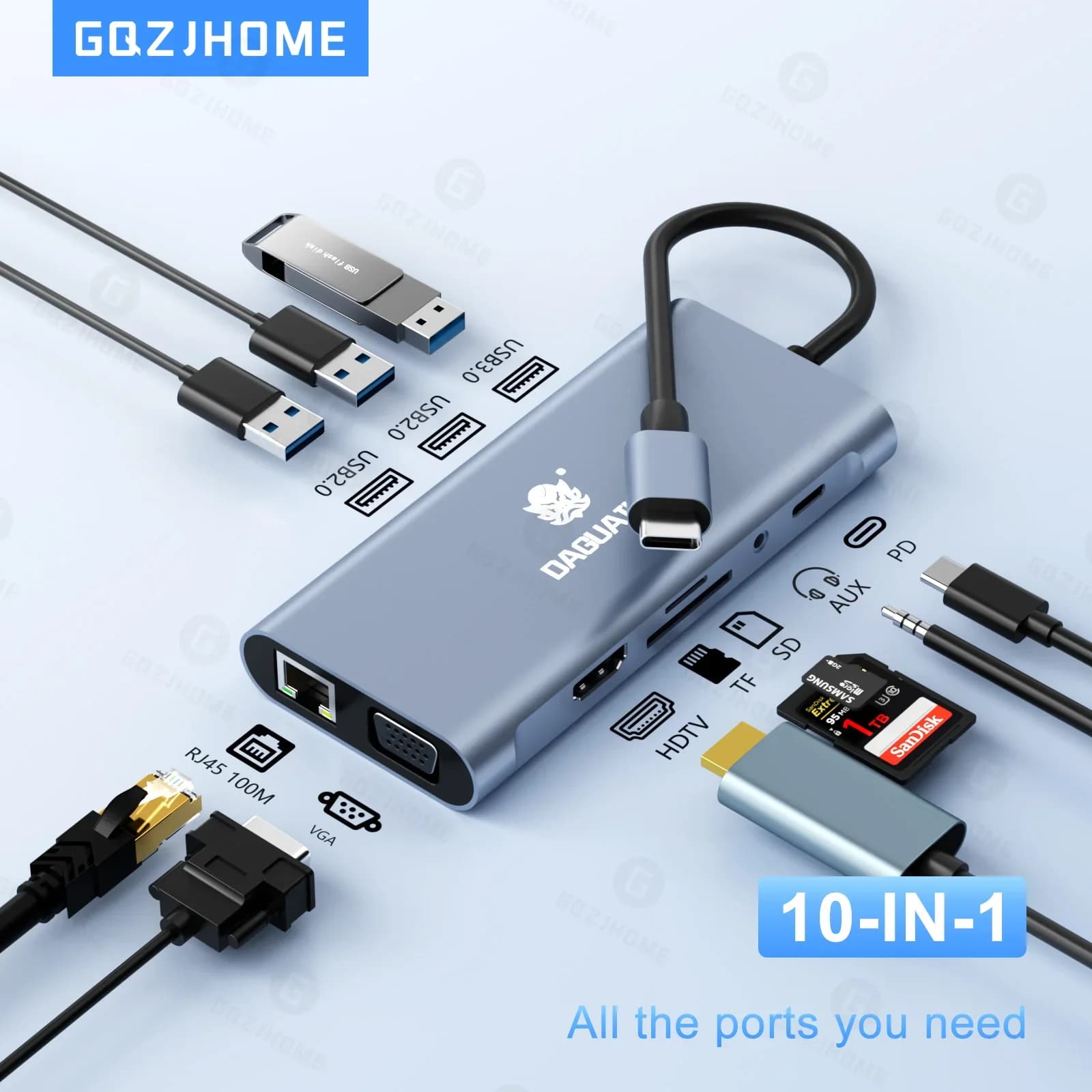 Docking station hub ultra HD tipo C 10 in 1 4K 30Hz HDTV compatibile con alimentazione PD 87W, splitter USB C per MacBook Pro Air