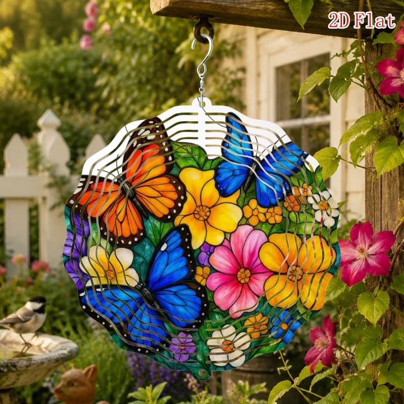 2D Printed "Colorful Butterfly and Flower Decorative Painting" with Rotating Hook. 360 DIY Creative Wind Chime