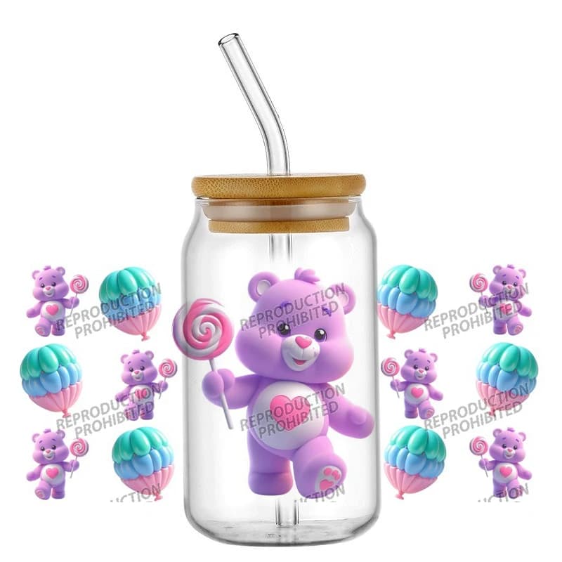 Adesivi per Telefono con Orso Arcobaleno Cartoon, 16oz UV DTF 3D, Decorazioni per Bicchieri in Vetro, Fai-da-Te Creativo