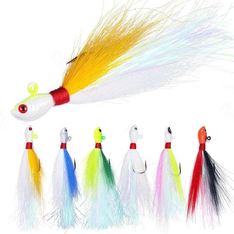 1 pz. 15cm 21g Bucktail Jigs Head Hook con occhi 3D, esca in pelo di cervo, gancio con piuma, Beard Jigging Lure, esche da pesca professionali per la pesca a traina