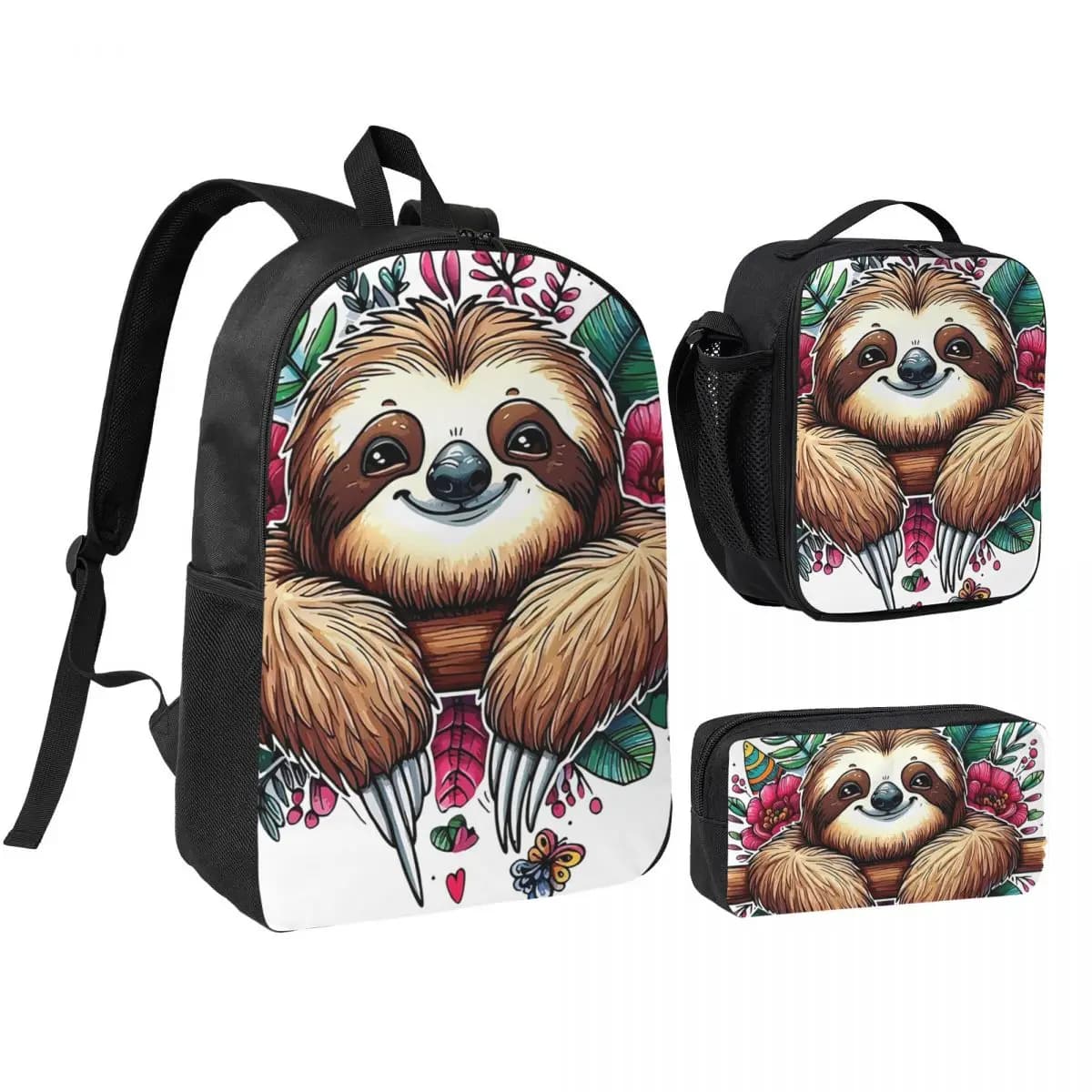 Charming Sloth In Bloom Backpack Student BookBag School Bag Shoulder Bags 3ps Insulated Lunch Bag Pencil Case