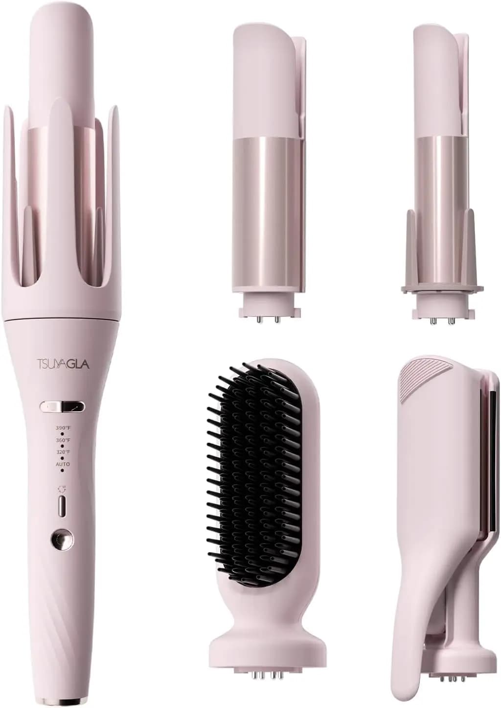 Set Ferro Arricciacapelli 5-in-1 with Interchangeable Cylinders, Plate and Smooth Brush, 3 Temperatures, Double Voltage, Rose