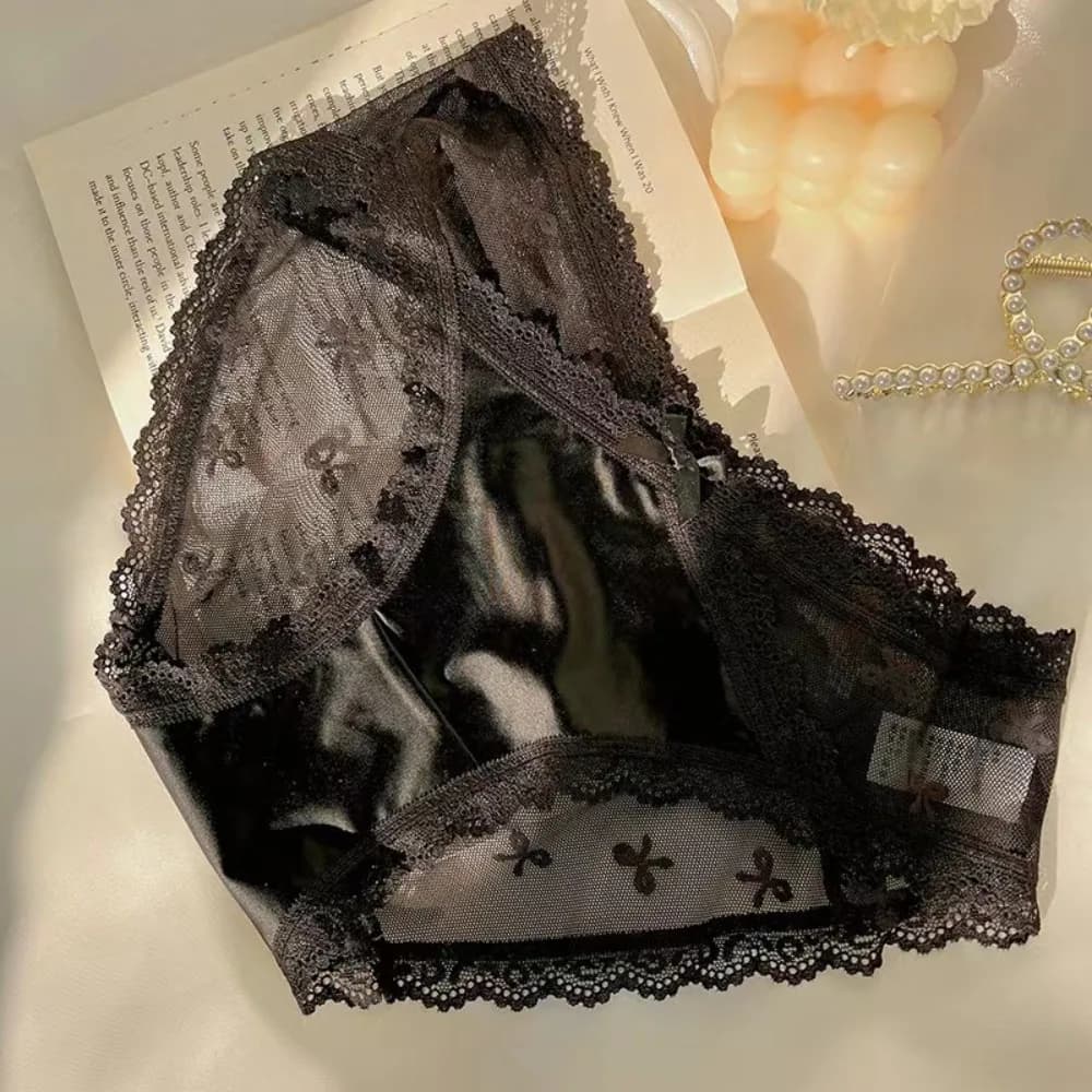 Thin Low Waist Lace Panties Lingerie Satin Silk Lace Bow Briefs Mesh Transparent Underwear Female