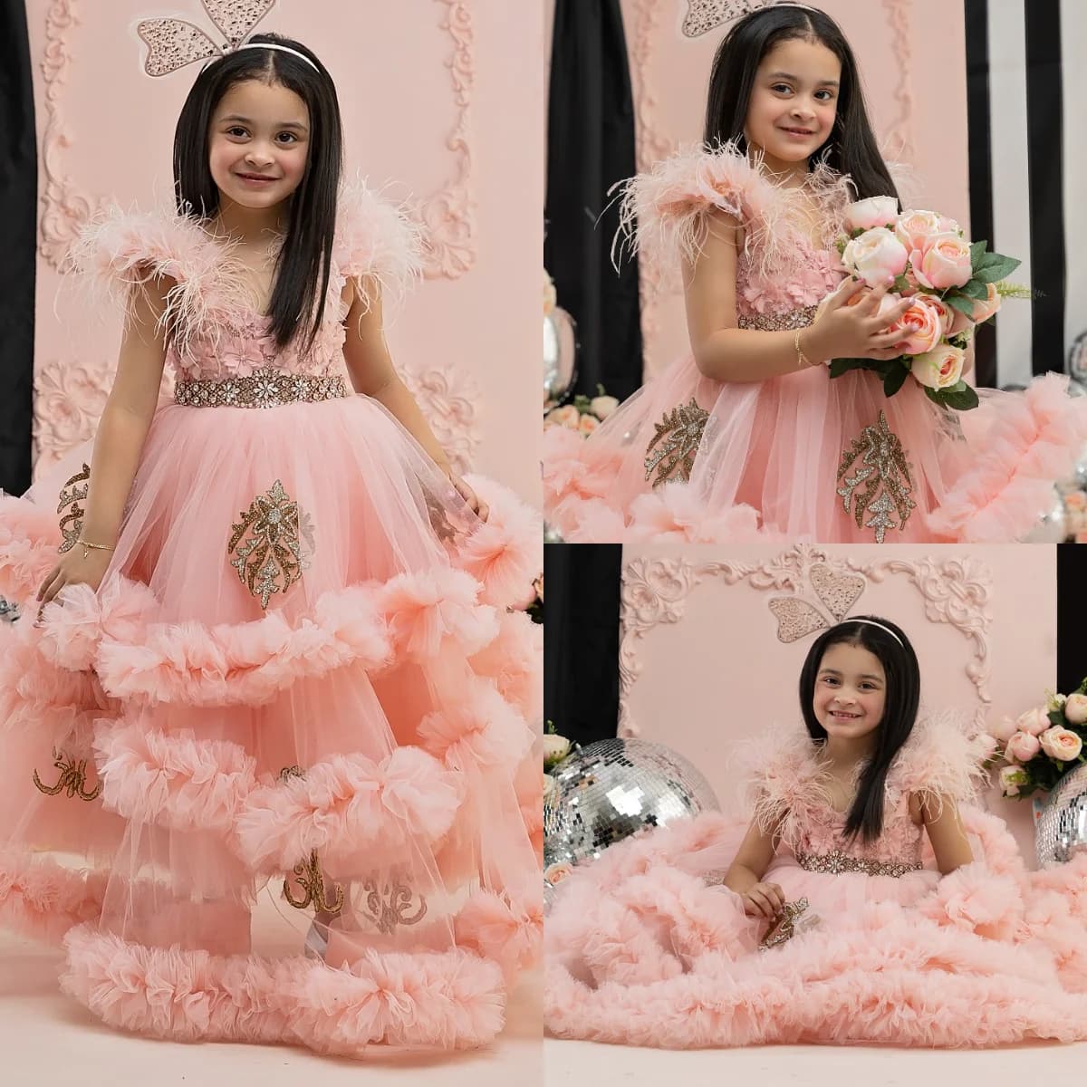 Abiti da festa di compleanno per ragazze con piume rosa Abiti da ragazza di fiori con volant a strati Abiti da ballo per bambini Abito da principessa personalizzato
