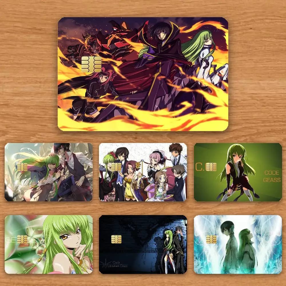 Adesivi HD Anime Code Geass C.C e Lelouch per Carte di Credito, Decalcomanie per Carte da Gioco, Pellicola Opaca per Carte, Adesivi Impermeabili con Chip Piccolo