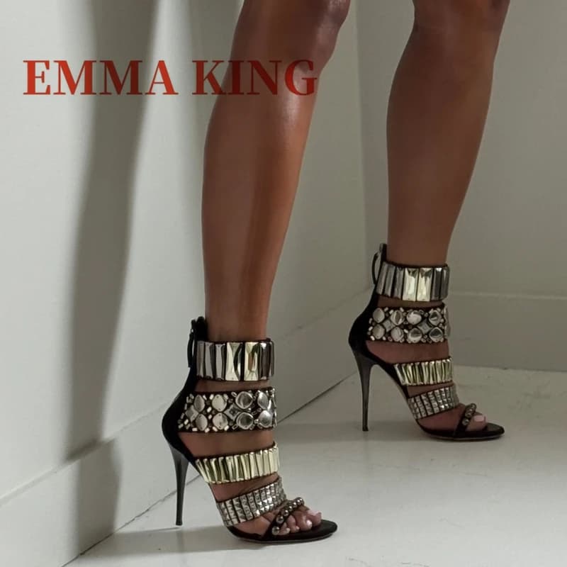 Black Embellished Ankle Strap Sandals Summer Women Open Toe Stiletto Gladiator Sandals Fashion Rhinestone Party Dress Shoes 44