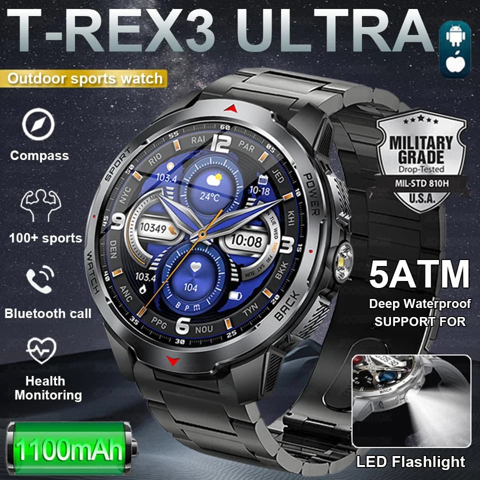 T-Rex 3 Outdoor 1100mAh Batteria Astuto Della Vigilanza Degli Uomini Per Adulti Bluetooth Chiamata Bussola 5ATM Impermeabile Salute Sport Tracker Smartwatch