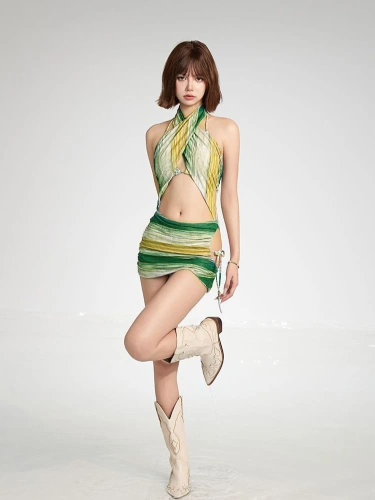 Stylish Halter Neck Cross Back Two Piece Swimsuit Fruit Wood Green Vintage Striped Bathing Suit for Beach Holiday