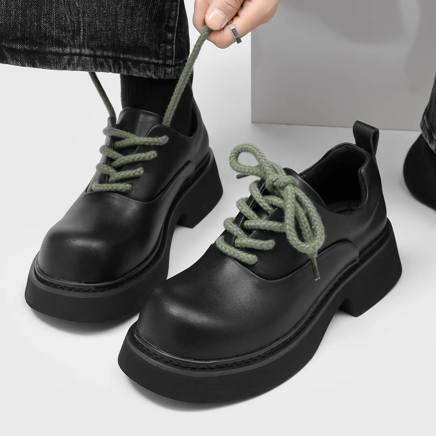 Men British Style Thick Sole Height Boost Derby Shoes 2026, Wide Toe Black Leather Commute Business Casual Shoes