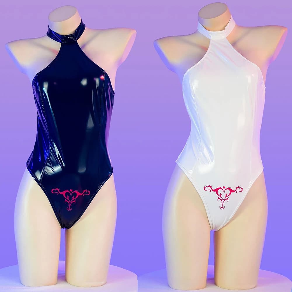 Anime Cosplay Swimsuit For Women Navy Uterus Print Leather Bodysuit Sexy Backless Jumpsuit Swimwear Beach Bathing Suit Lingerie