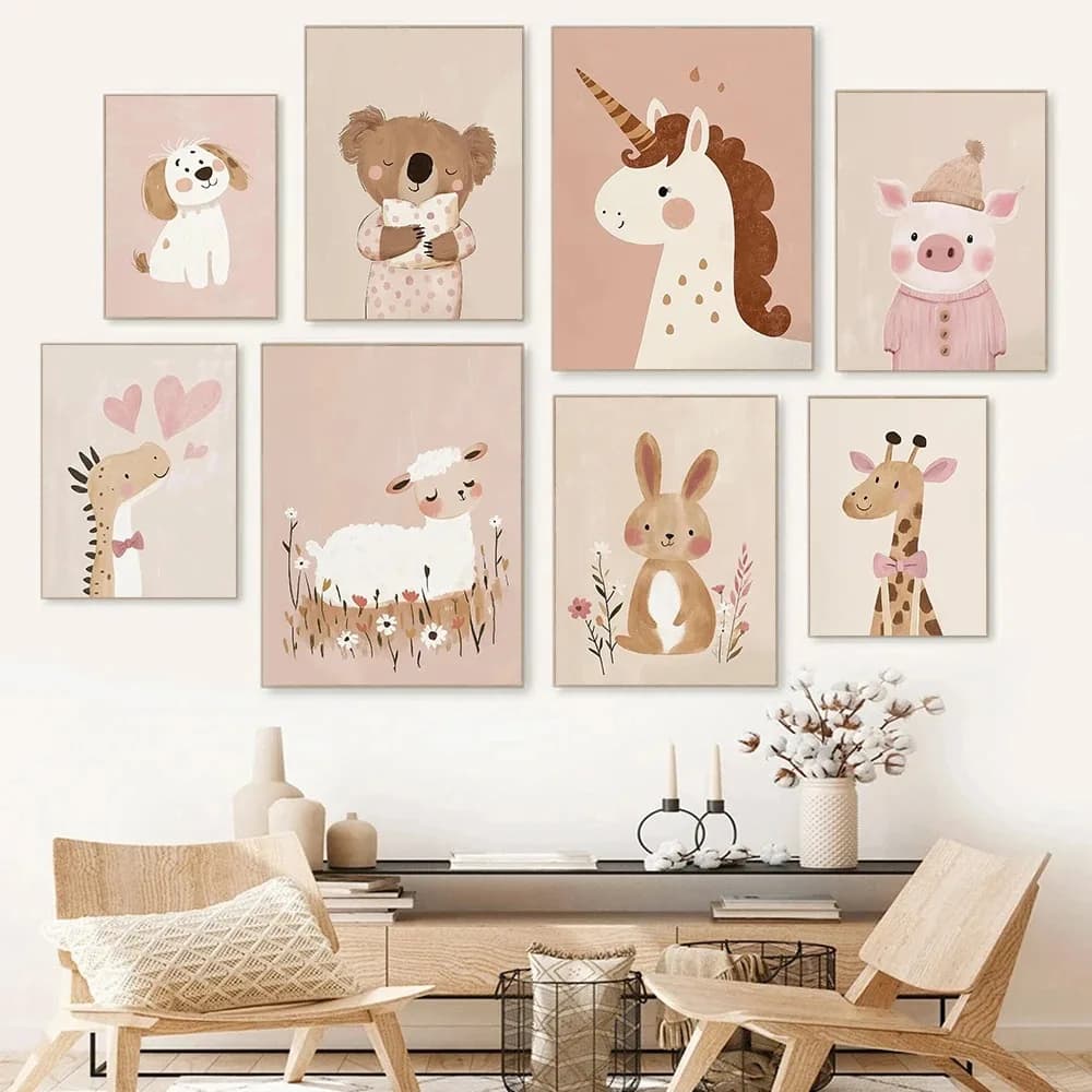 Nordic Pink Cute Cartoon Animal Fox Unicorn Illustration Posters Prints Canvas Painting Living Room Home Decor
