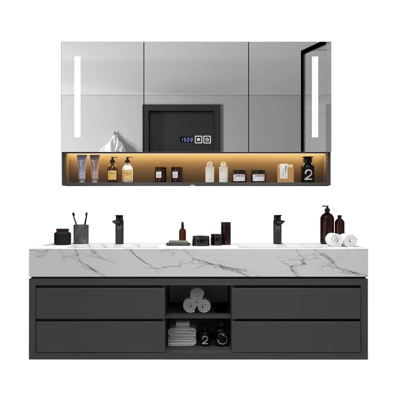 Mobile bagno di lusso leggero con doppio lavabo, combinazione moderna e semplice con specchio smart e lavabo per il lavaggio del viso