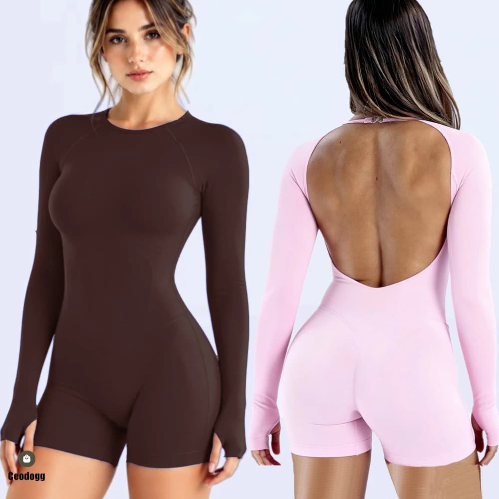 Nologo Pad Dmpact Long Sleeve Yoga Set One Piece Gym Clothes Women Fitness Workout Jumpsuit Backless Shorts Sportswear XP390