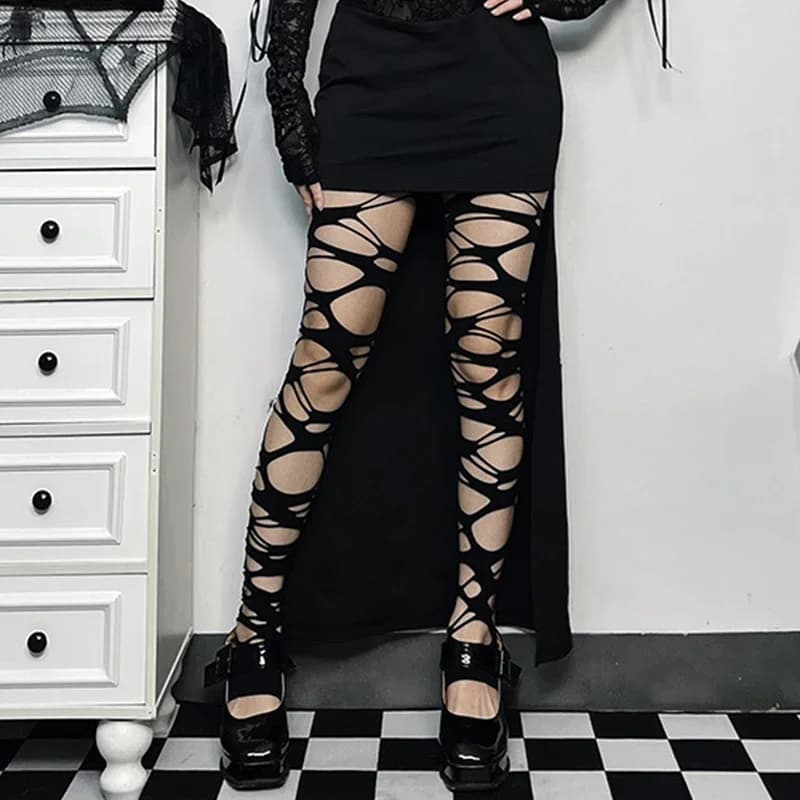 Punk donne Sexy calza calze al ginocchio calze nere Dark Gothic Y2k donne pizzo strappato calze alte biancheria intima collant