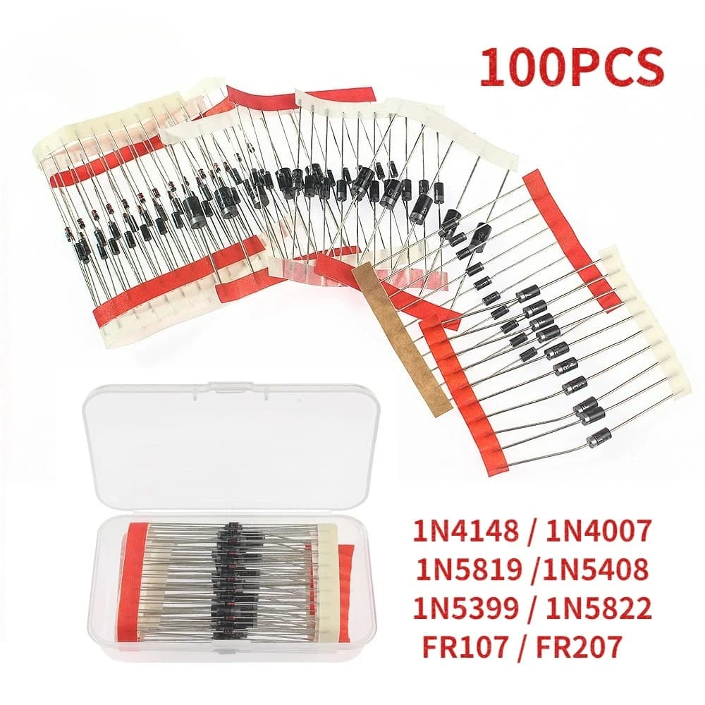 100 Diods Schottky Rectifiers at Quick Switching, 8 Values (1N4007, 1N4148, 1N5819, 1N5399, 1N5408, 1N5822, FR107, FR207) for Arduino