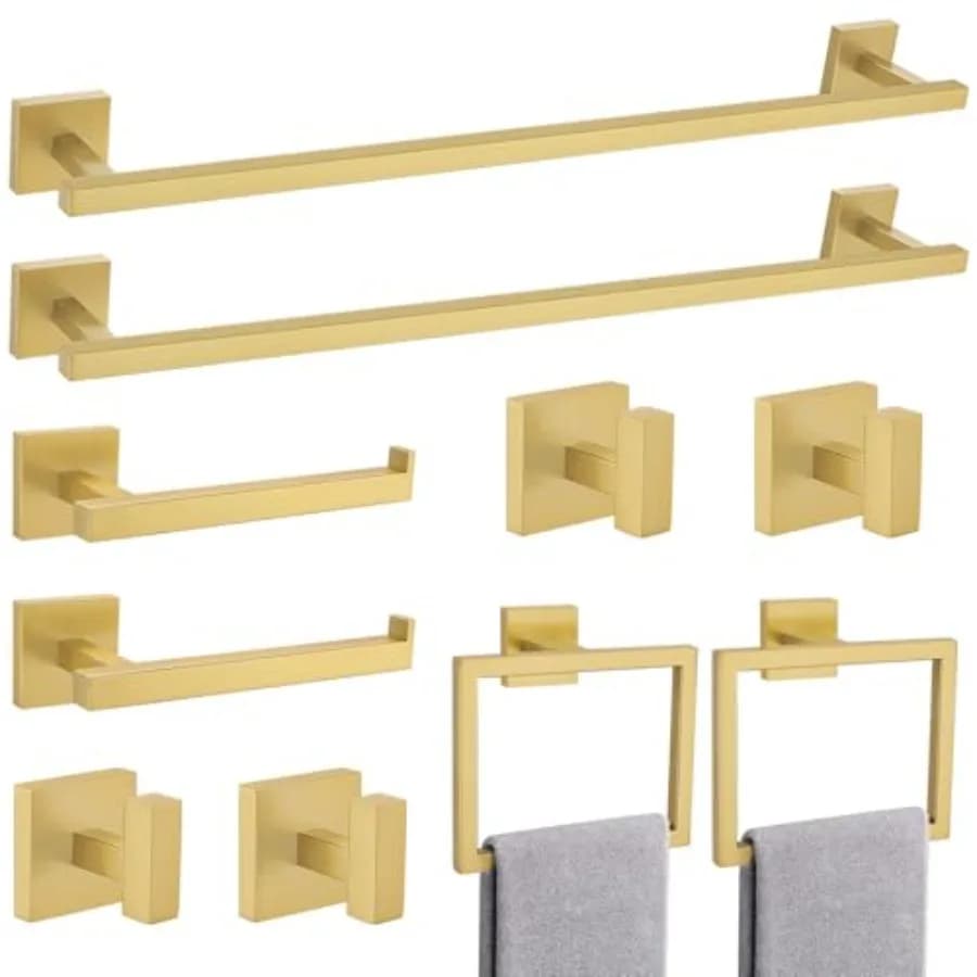 Set di Accessori per Bagno in Acciaio Inox SUS304 Oro Spazzolato, 10 Pezzi, 23.6 Pollici, Include Portasciugamani da Parete