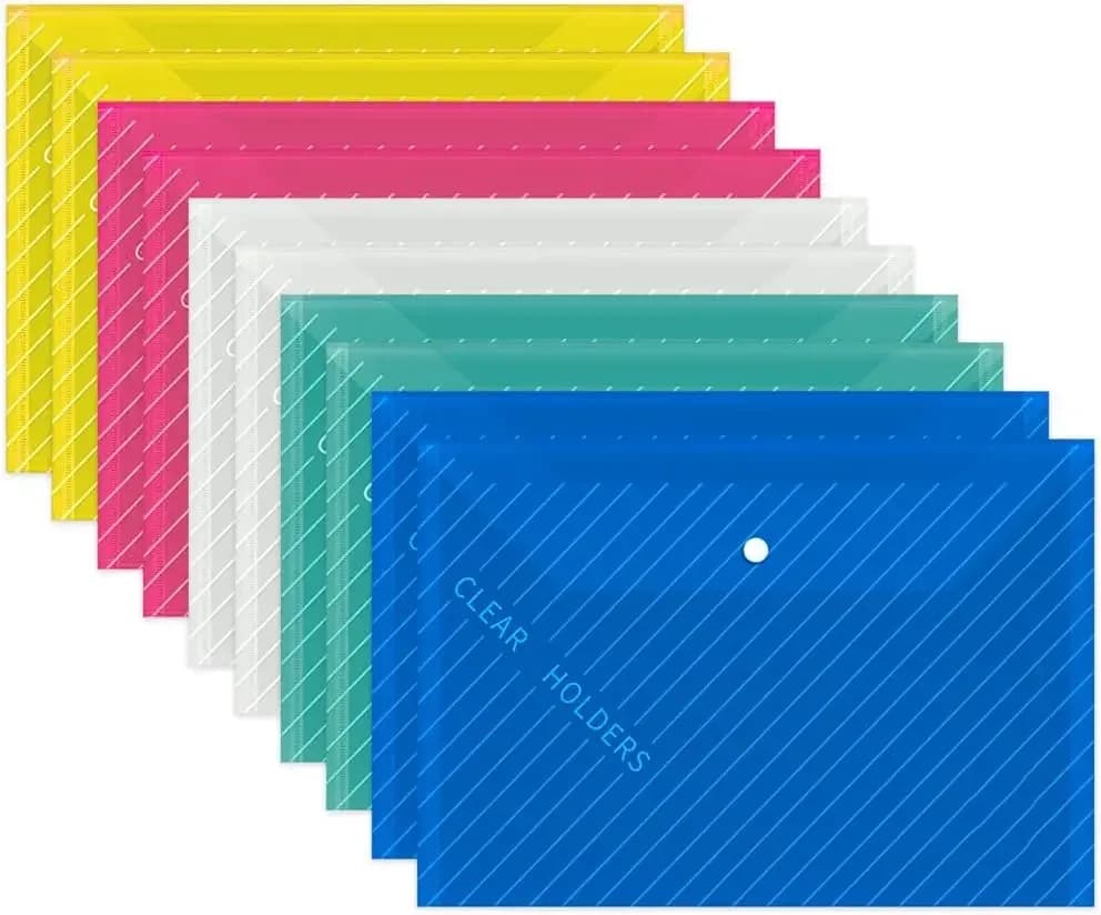 Cartelle in plastica da 10 pezzi per documenti, buste in plastica formato A4 con chiusura a scatto, buste trasparenti per cartelle di file per ufficio scolastico