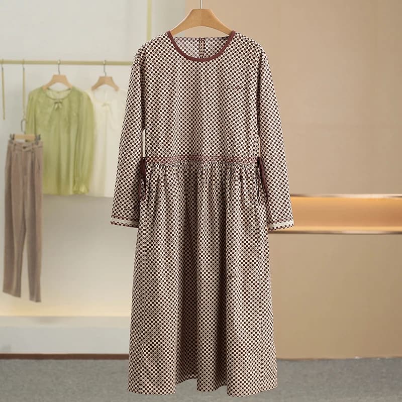 Abito Casual a Quadri in Puro Cotone con Collo Tondo, Nuovo Stile Primaverile, Abbigliamento Femminile Comodo e Traspirante, Vestito Midi a Maniche Lunghe