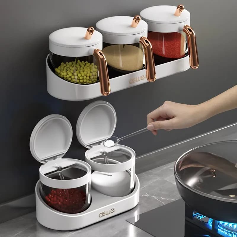 Contenitore da parete per condimenti da cucina, barattolo per la conservazione di sale e aromi, set di bottiglie per spezie in plastica a forma esagonale.