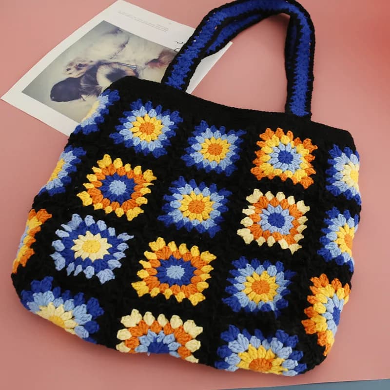 Handmade Crochet Granny Square Tote Bag, Colorful Floral Patchwork Knitted Shoulder Handbag