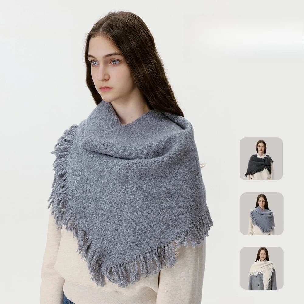 Soft Wool Knitted Triangle Shawl for Women, Korean Style Tassel Wrap, Fall Winter Warm Scarf Cape