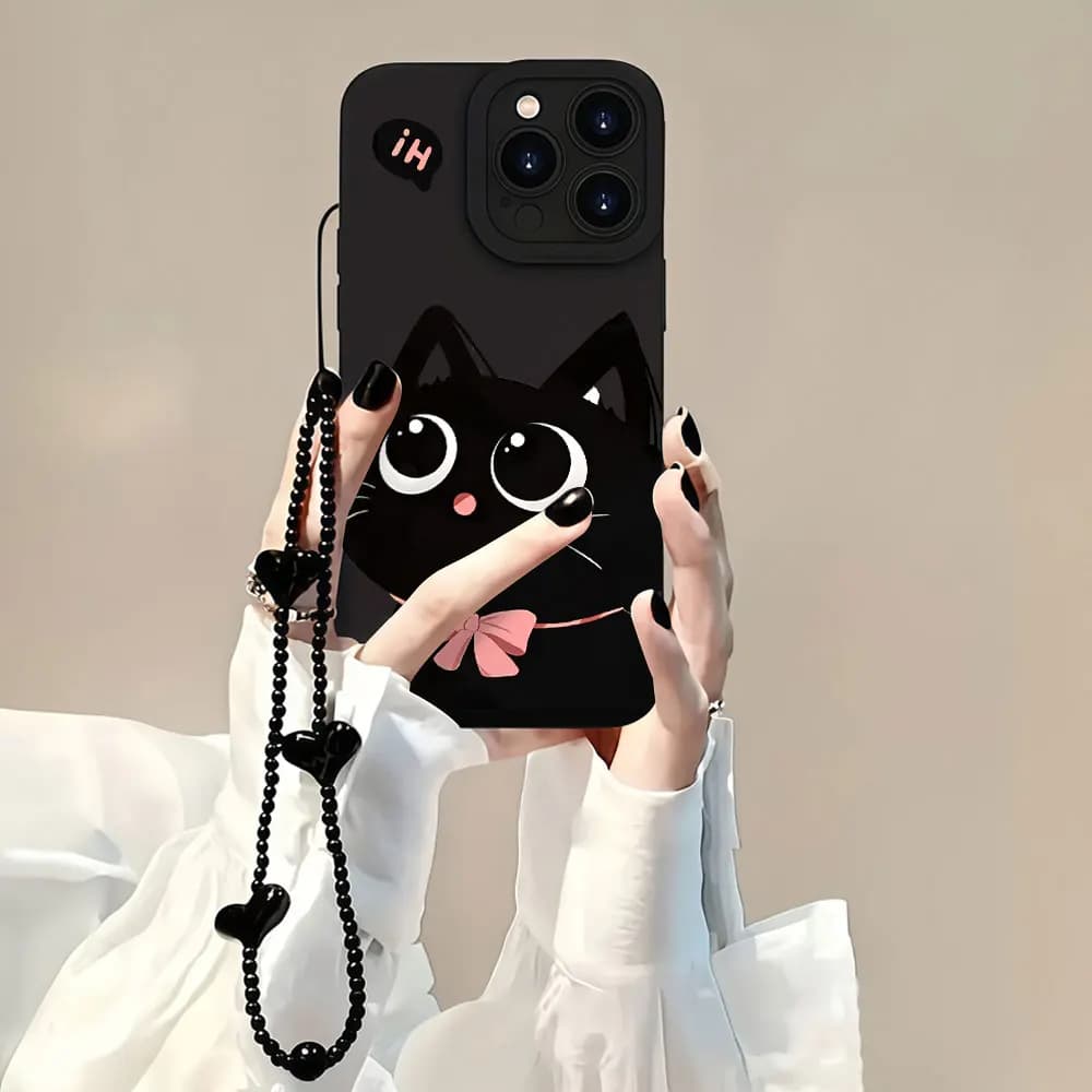 Shockproof Cartoon Black Cat Phone Case For iPhone 17 16 15 14 13 12 11 Pro Max X XS XR 7 8 15 16 14 Plus 16E With Strap Cover