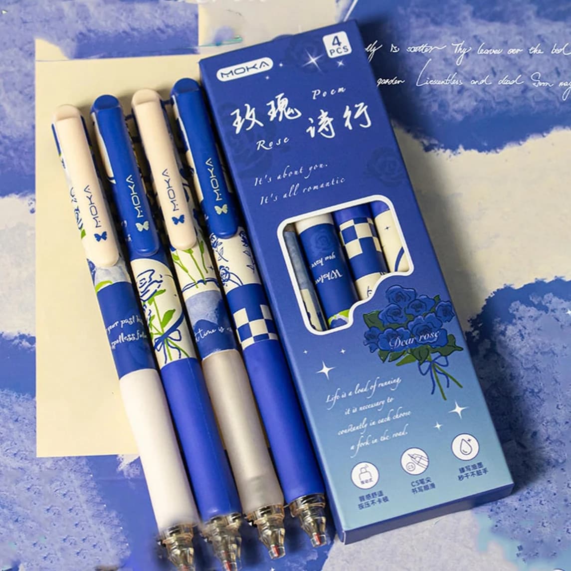 4pcs/Set Cute Blue Rose Aesthetic Floral Gel Pens 0.5mm Fine Point Quick Dry with Soft Grip for School Office Supplies Note Taki