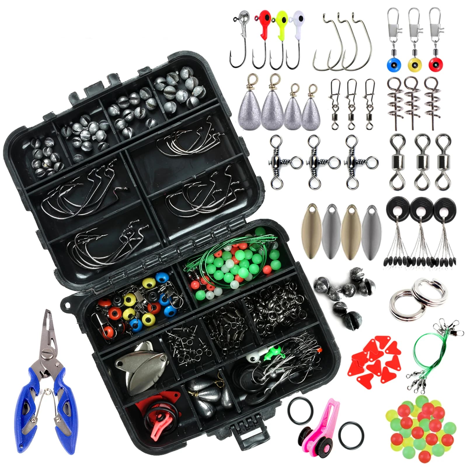 Fishing accessories kit with fishing pliers, tool box, jig hooks, girelles, muskets, poplars, slider, beads