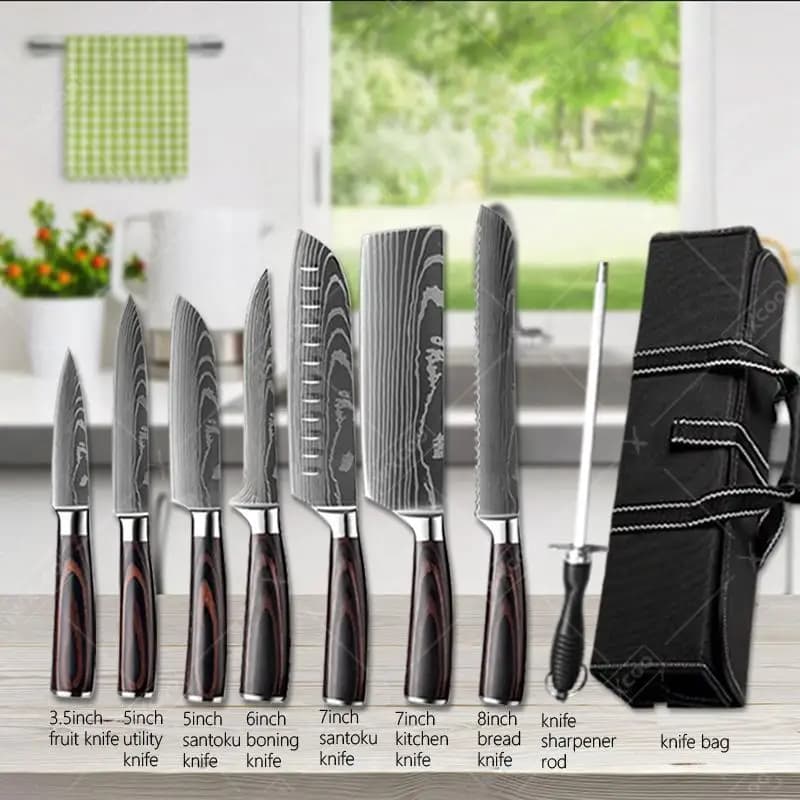 Set di coltelli giapponesi in acciaio damasco con coltelli da cucina con blocco magnetico lungo Coltelli da cucina Mannaia per carne in acciaio VG10 Coltello per affettare Santoku
