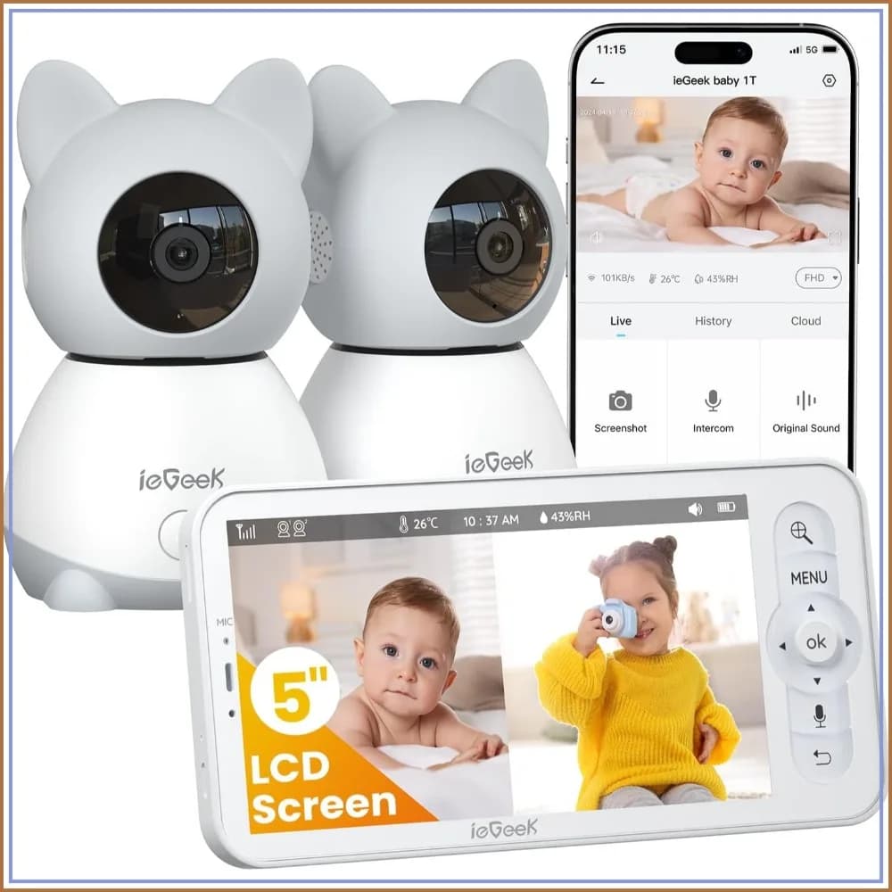 5" Large Screen Baby Monitor with 2 Cameras, 2K HD Non-WiFi & App, Night Vision, 2-Way Audio, Cry Detection, Temperature Sensor