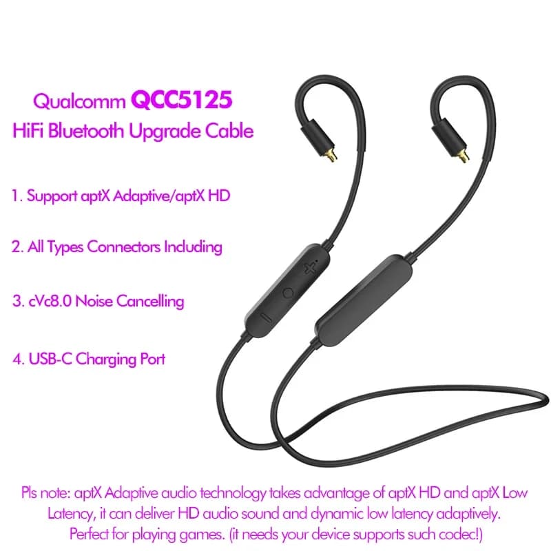 QCC5125 aptX HD Bluetooth Cable Upgrade MMCX per Shure SE215 Fiio FH3 AKG N40 2Pin per KZ ZST AS10 TRN V80 CCA C16 W4R UE18 TFZ