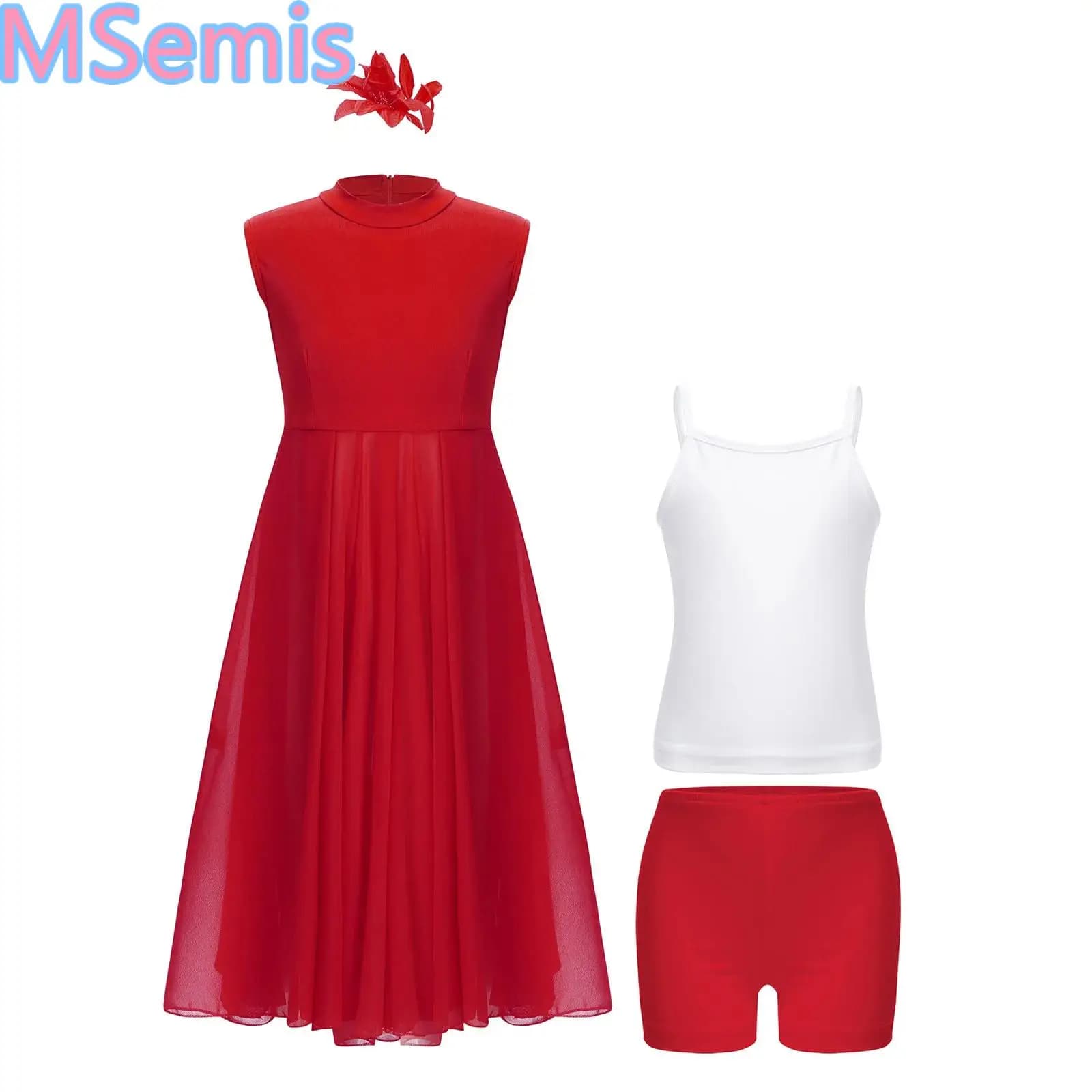 Costume da ballo moderno per bambina, costume da spettacolo teatrale, abito in tinta unita con pantaloncini a canotta, sciarpa e copricapo a fiori