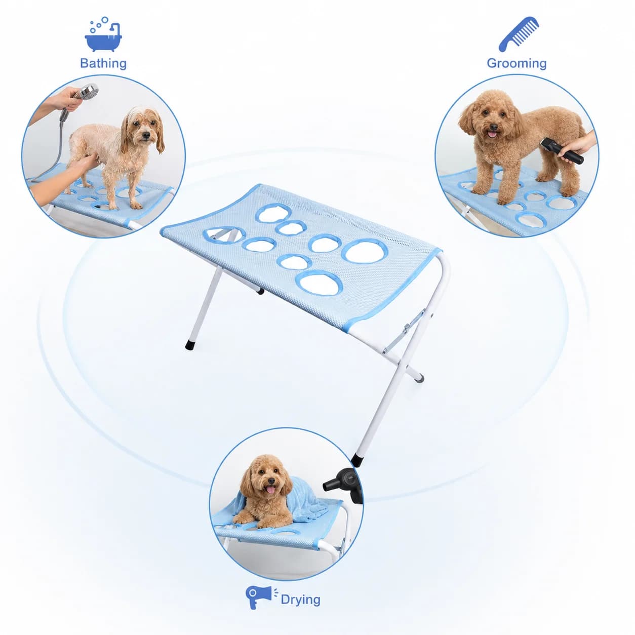 Foldable Pet Grooming Table Adjustable Dog Cat Hair Brushing Bath Stand Multi-Hole Non-Slip Portable Grooming Platform