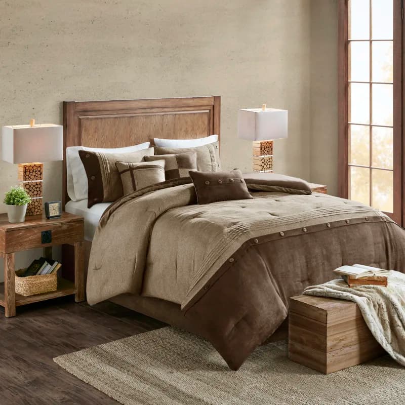 7 Piece Faux Suede Comforter Set Brown King