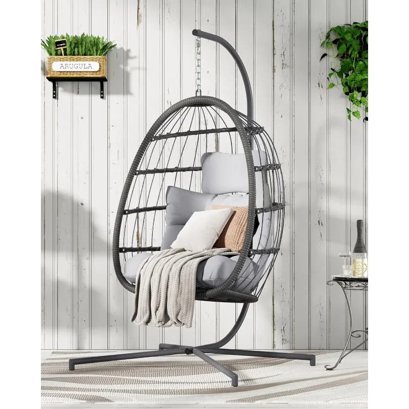 Sedia a dondolo per uova con supporto, sedia a uovo sospesa per esterni con cuscino per patio/portico/balcone/interno (grigio chiaro)