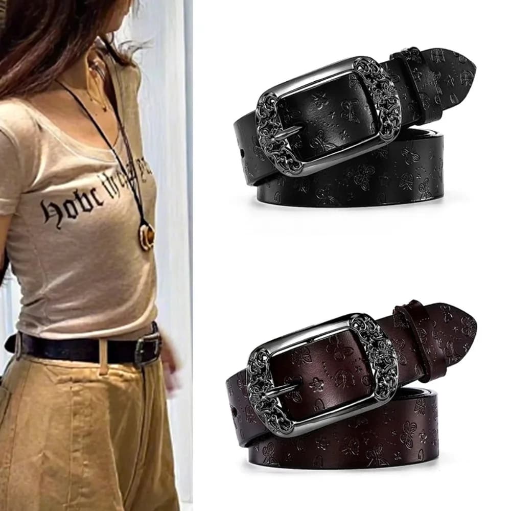 Cintura in Pelle PU con Fibbia in Lega Intagliata, Stile Chic Harajuku, Vintage Y2K per Jeans da Donna