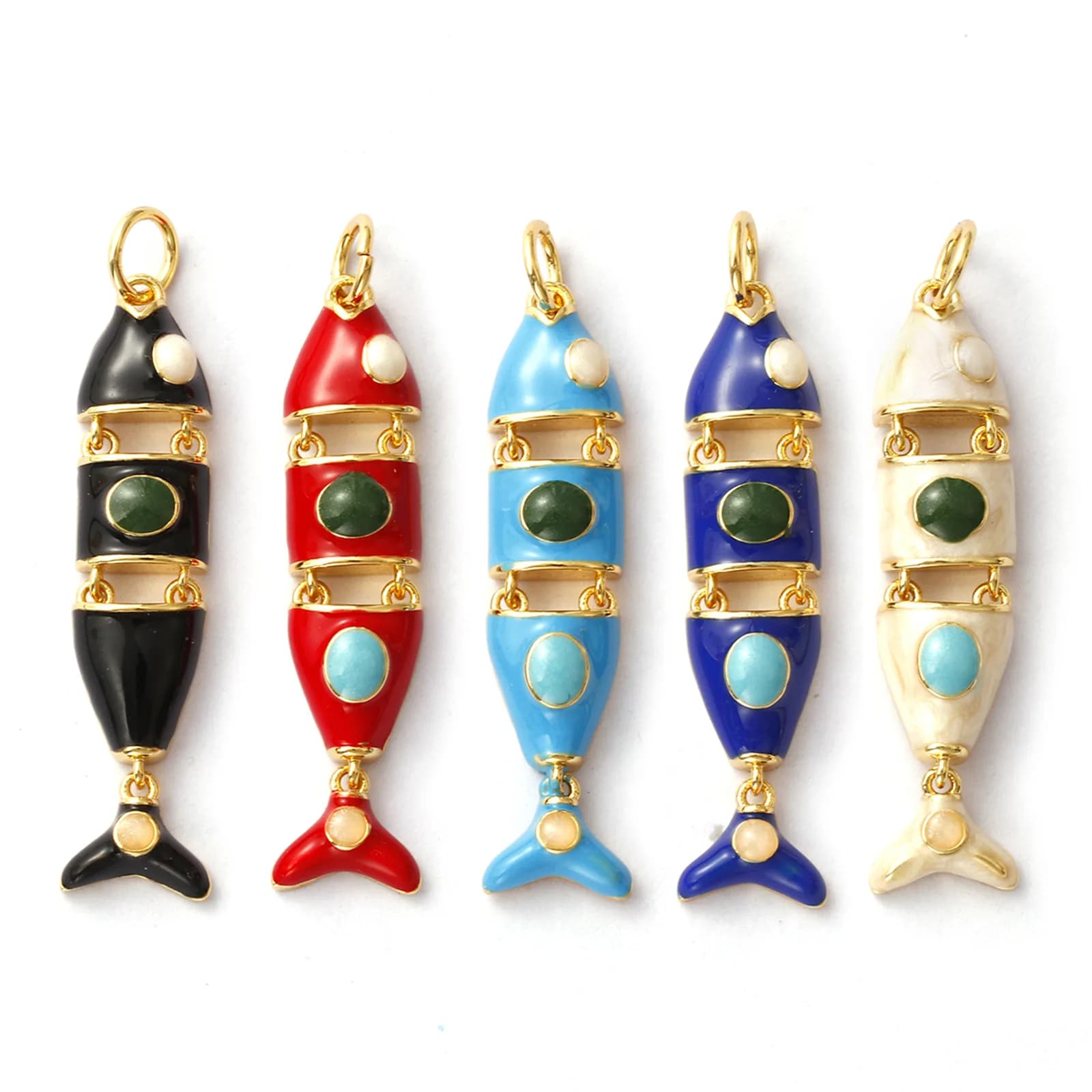 1 Piece Movable Brass Ocean 3D Enamel Fish Animal Charm Pendant 18K Gold Plated For Necklace DIY Making 3.6x0.8cm