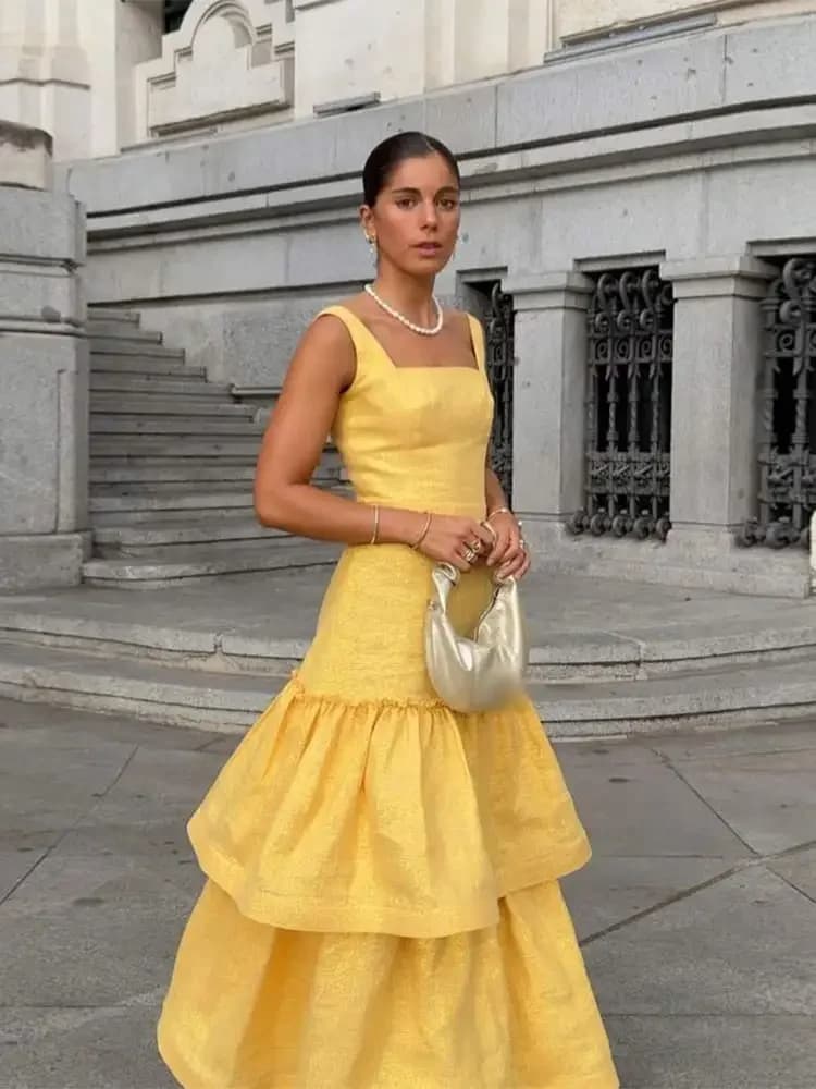 Luxury Glossy Layered Long Dress with Volant Long Dress without Backrest Chic Wedding Dresses For Club Party Dresses