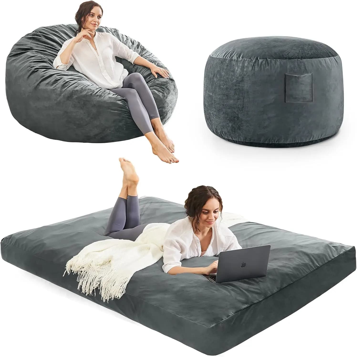 Bed convertible Sacco armchair, Microfiber upholstery with Foam upholstery, Adult Anthracite color