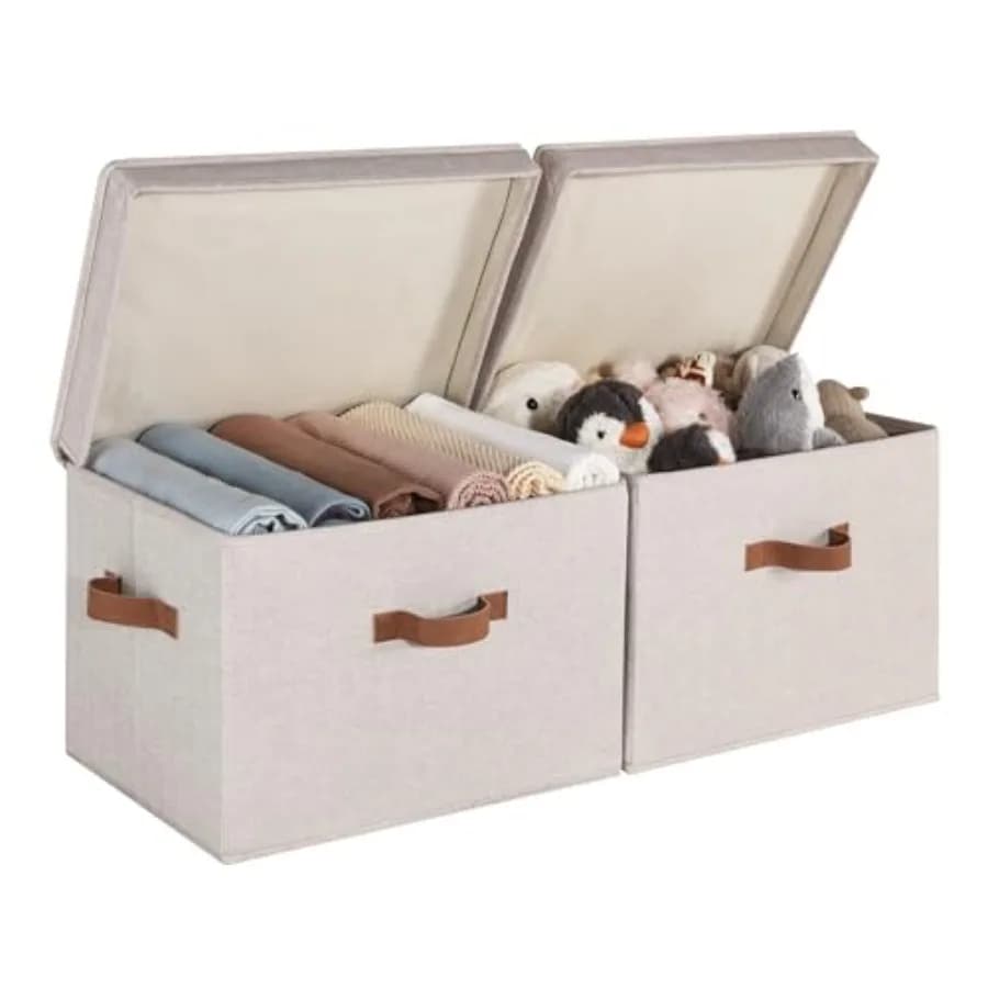 Contenitori in Tessuto con Coperchio, Scatole Decorative per Scaffali, Organizzatori Impilabili per Armadio con Manici, Set da 2