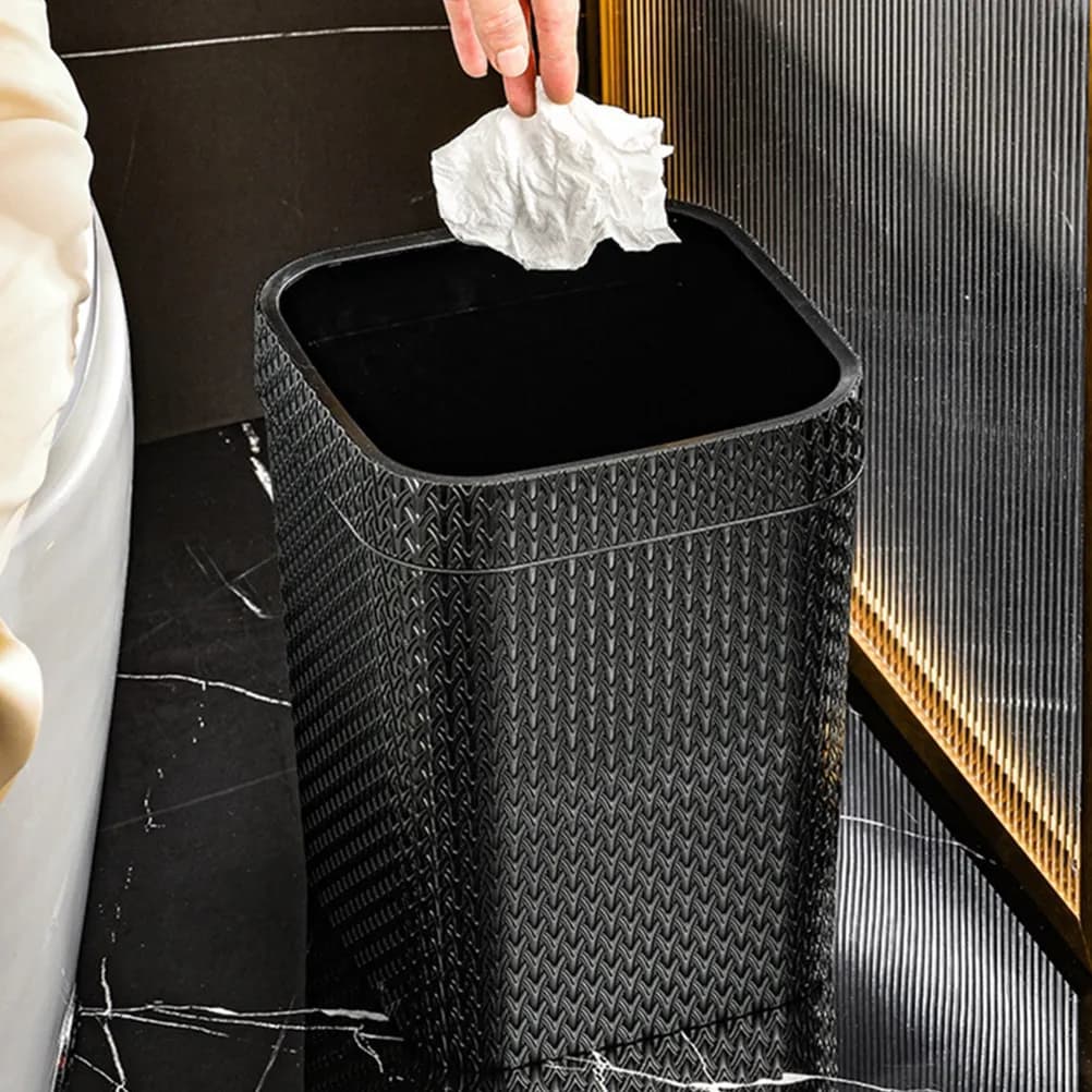 Cestino per Rifiuti Senza Coperchio in Imitazione Rattan con Anello di Pressione per Sacchetto, Stile Nordico Moderno per Ufficio e Cucina