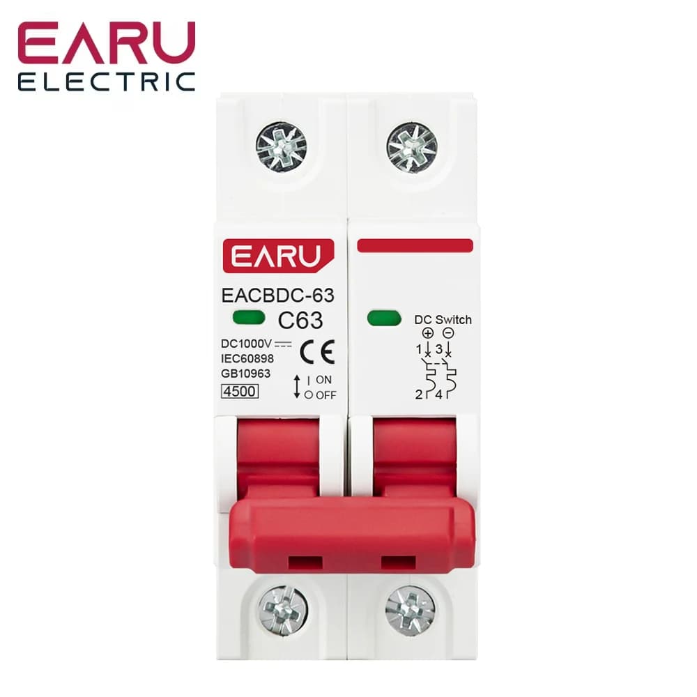 EARU 2P DC 1000V MCB Solar Mini Circuit Breaker Overload Protection Switch 6A 10A 16A 20A 25A 32A 40A 50A 63A Photovoltaic PV