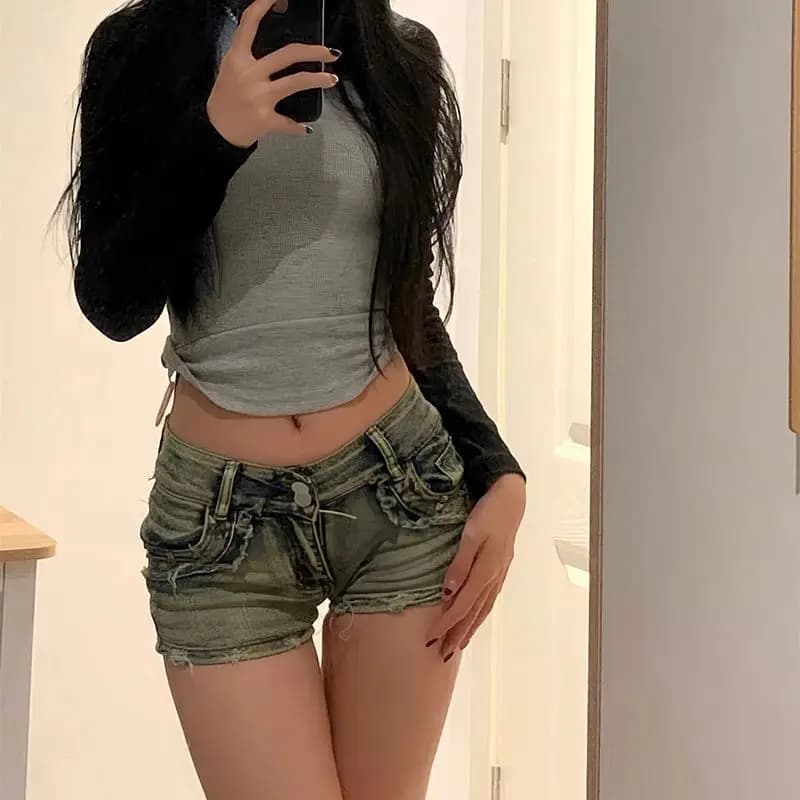 Shorts in denim a vita bassa stile americano Spicy Girl, da donna, estivi, nuovi, vintage, lavati, con rivetti, alla moda, casual.