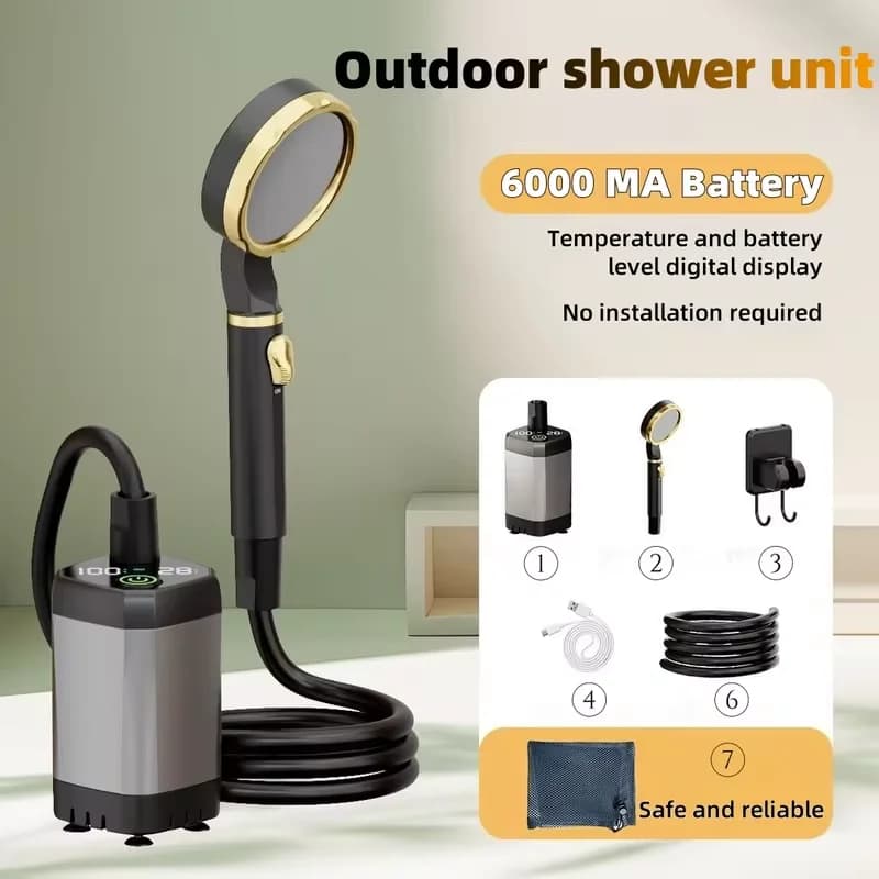 Portable outdoor shower, camping shower kit, long-lasting battery, suitable for building, camping and home use