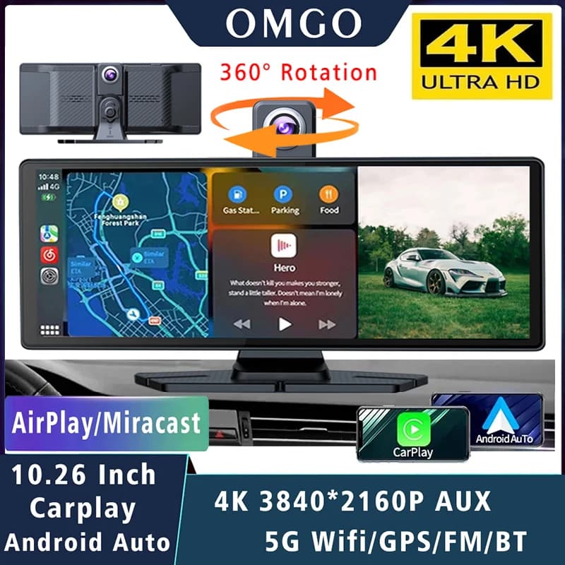 10.26 "Dash Cam 4K 2160P Carplay Android Auto Car DVR 5G Wifi GPS FM Video Drive Recorder Stream Dahscam 360 ° rotazione fotocamera