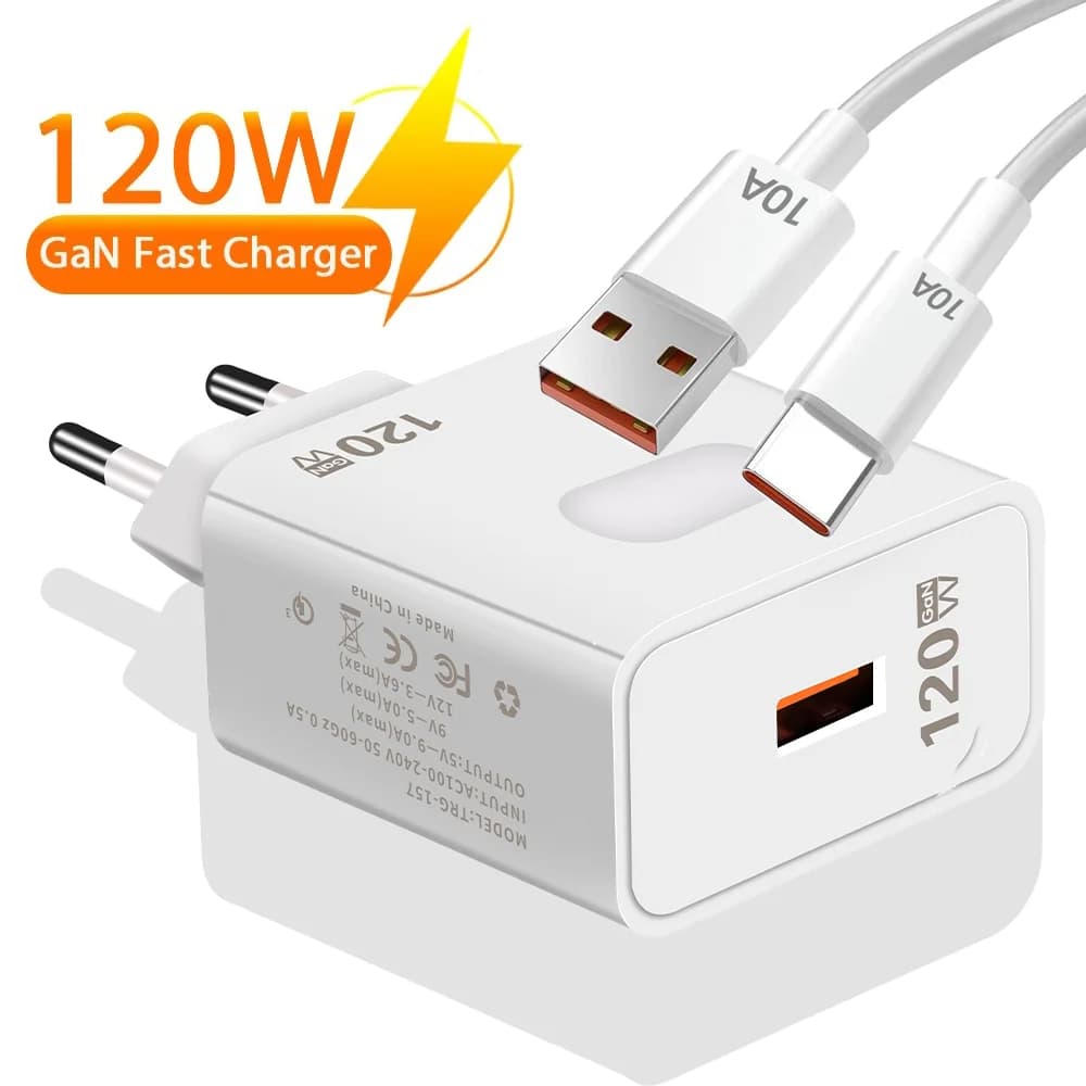 Caricatore USB Rapido 120W Quick Charge 3.0, Adattatore di Ricarica con Cavo Type C 10A, Spina EU/US per iPhone 17/16, Huawei, Samsung, Xiaomi