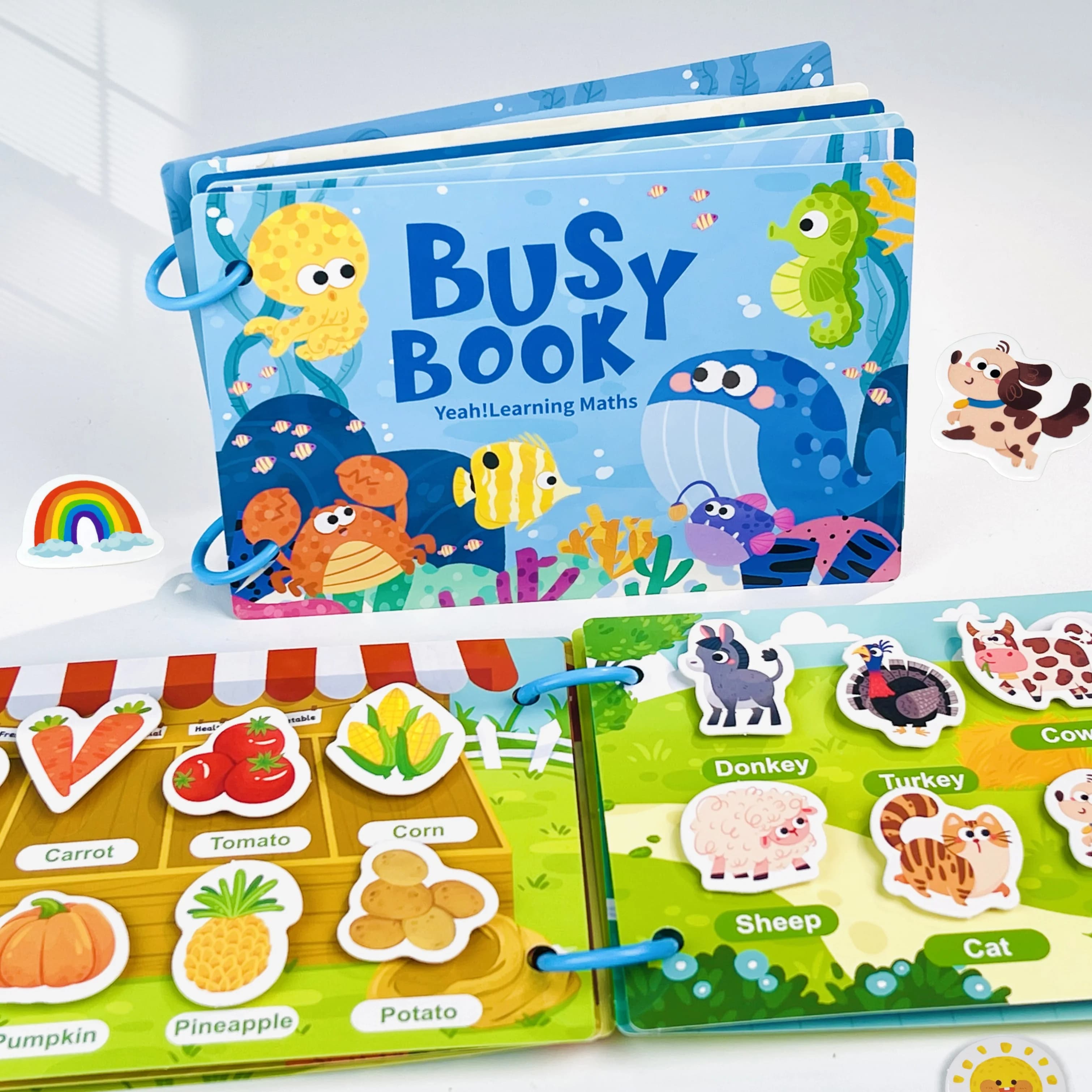 Libro Educativo per la Prima Infanzia, Libro Interattivo Multi-tema con Adesivi, Sviluppo Precoce della Concentrazione e della Coordinazione Occhio-Mano