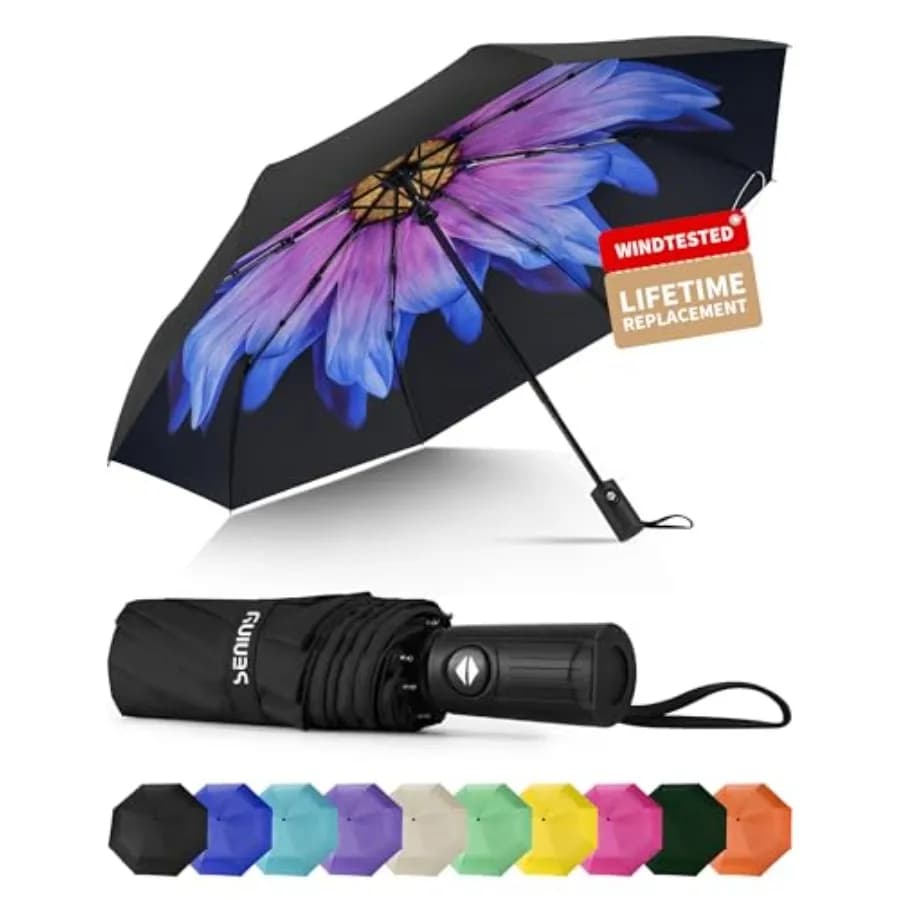 Windproof Travel Umbrella, Automatic Umbrellas for Rain, Portable and Compact Umbrellas for Backpack, Strong UV for Protection,