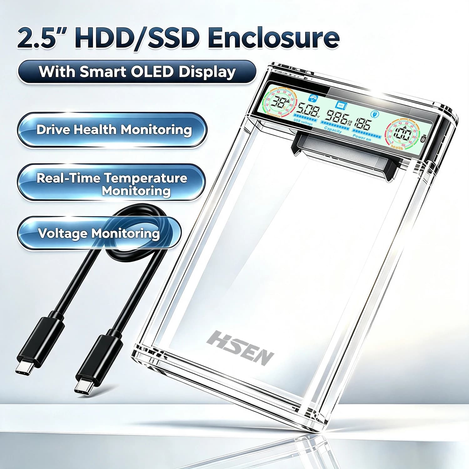 USB3.2 2.5'' SATA HDD SSD Enclosure, Transparent Portable External Hard Drive Case with Smart Display Real-time Data Monitoring