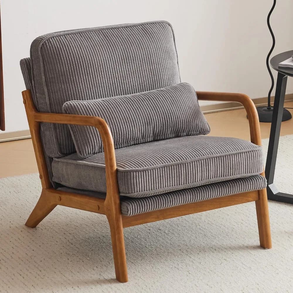 Poltrona Accent in Velluto a Coste Premium Migliorata, Poltrona Imbottita con Braccioli, Sedia da Lettura Comoda in Legno Massello con Cuscino Lombare, Stile Mid-Century